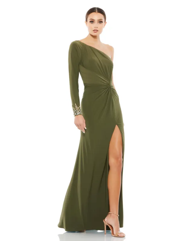 One Sleeve Beaded Cuff Side Twist Gown sold by Mac Duggal