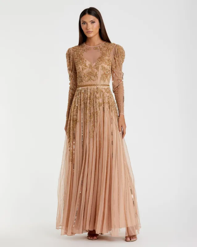 Pink and Gold Beaded Illusion Puff Sleeve Gown sold by Mac Duggal
