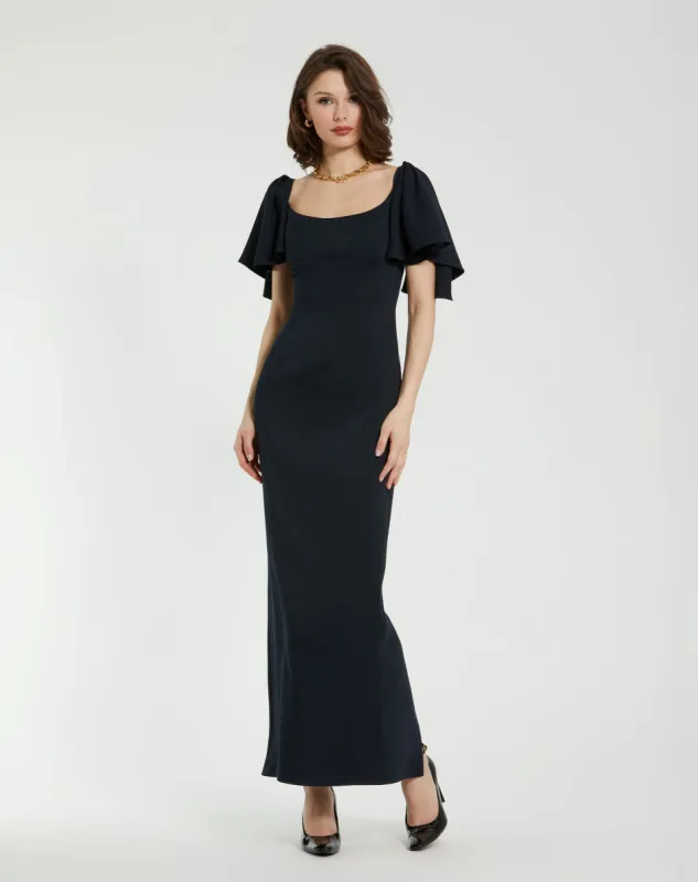 Navy Crepe Fitted Column Dress With Short Ruffle Sleeves sold by Mac Duggal