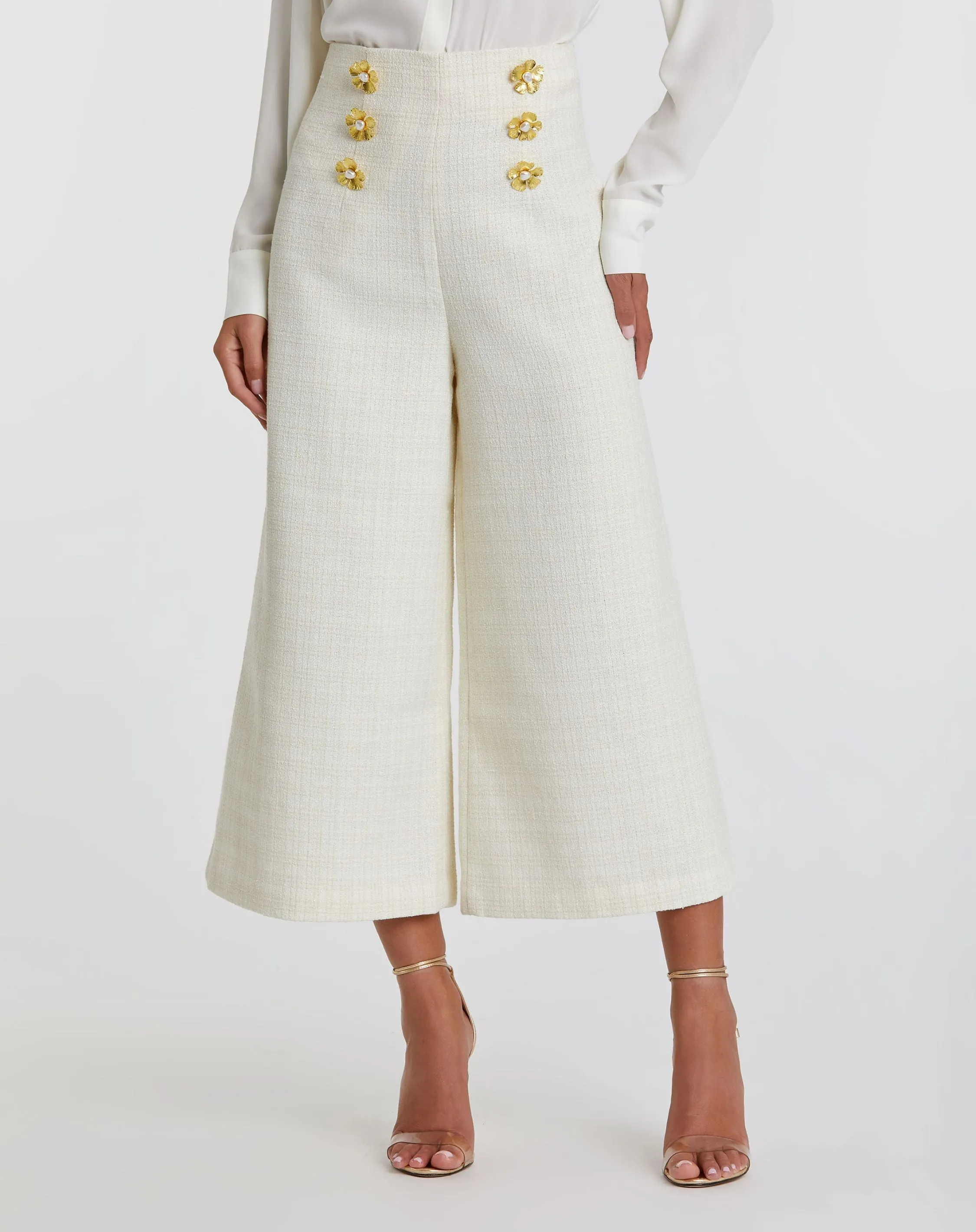 Ivory Tweed High Waisted Wide Leg Sailor Pant with Gold Buttons - FINAL SALE sold by Mac Duggal