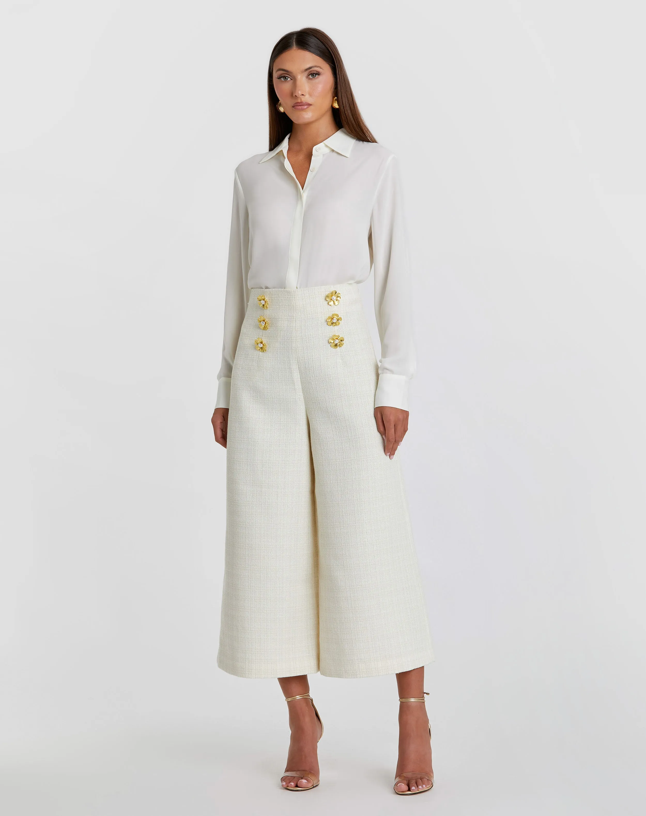 Ivory Tweed High Waisted Wide Leg Sailor Pant with Gold Buttons - FINAL SALE sold by Mac Duggal product image thumbnail 3