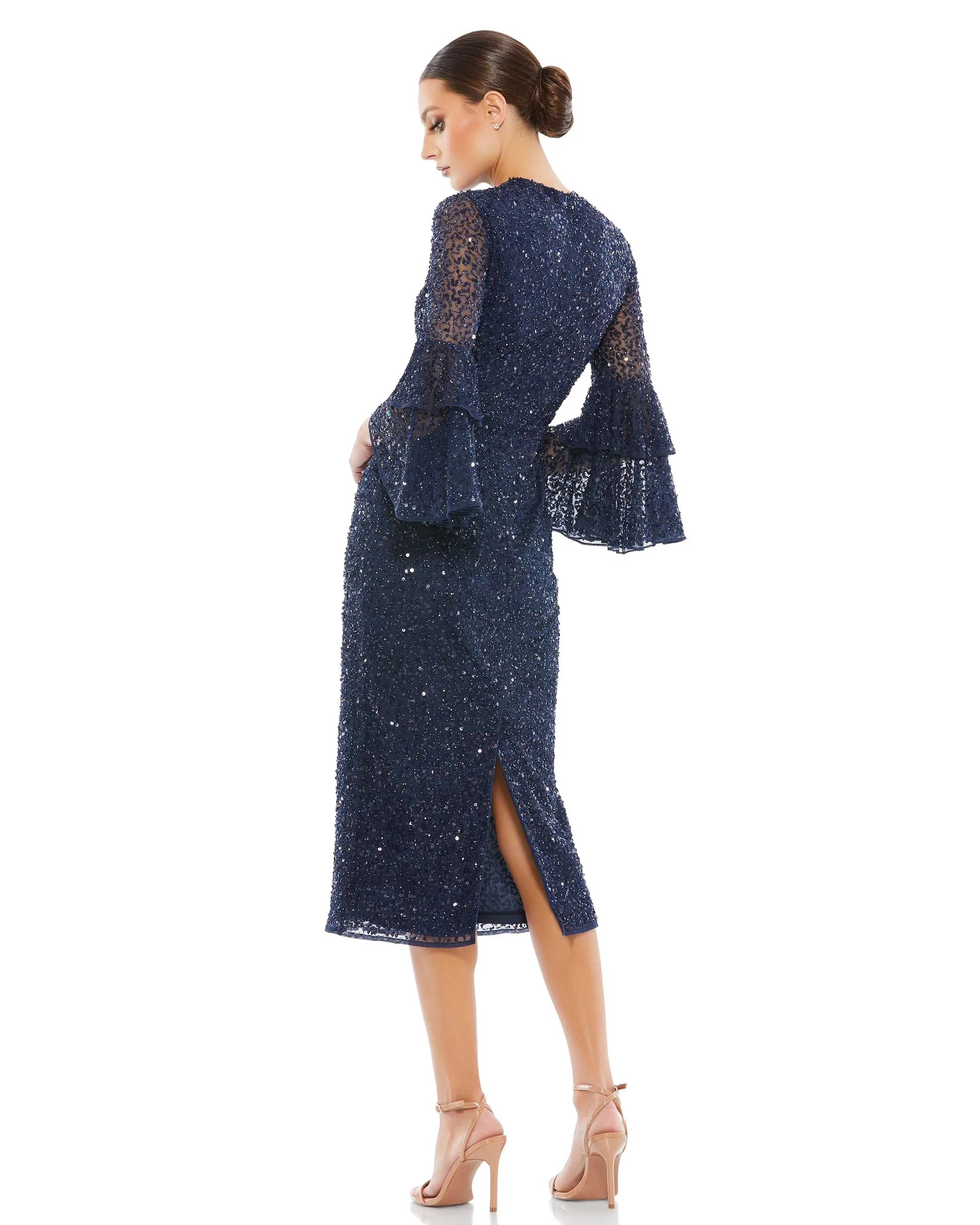 Navy Fully Sequined Ruffle Tiered 3/4 Sleeve Midi Dress sold by Mac Duggal product image thumbnail 3