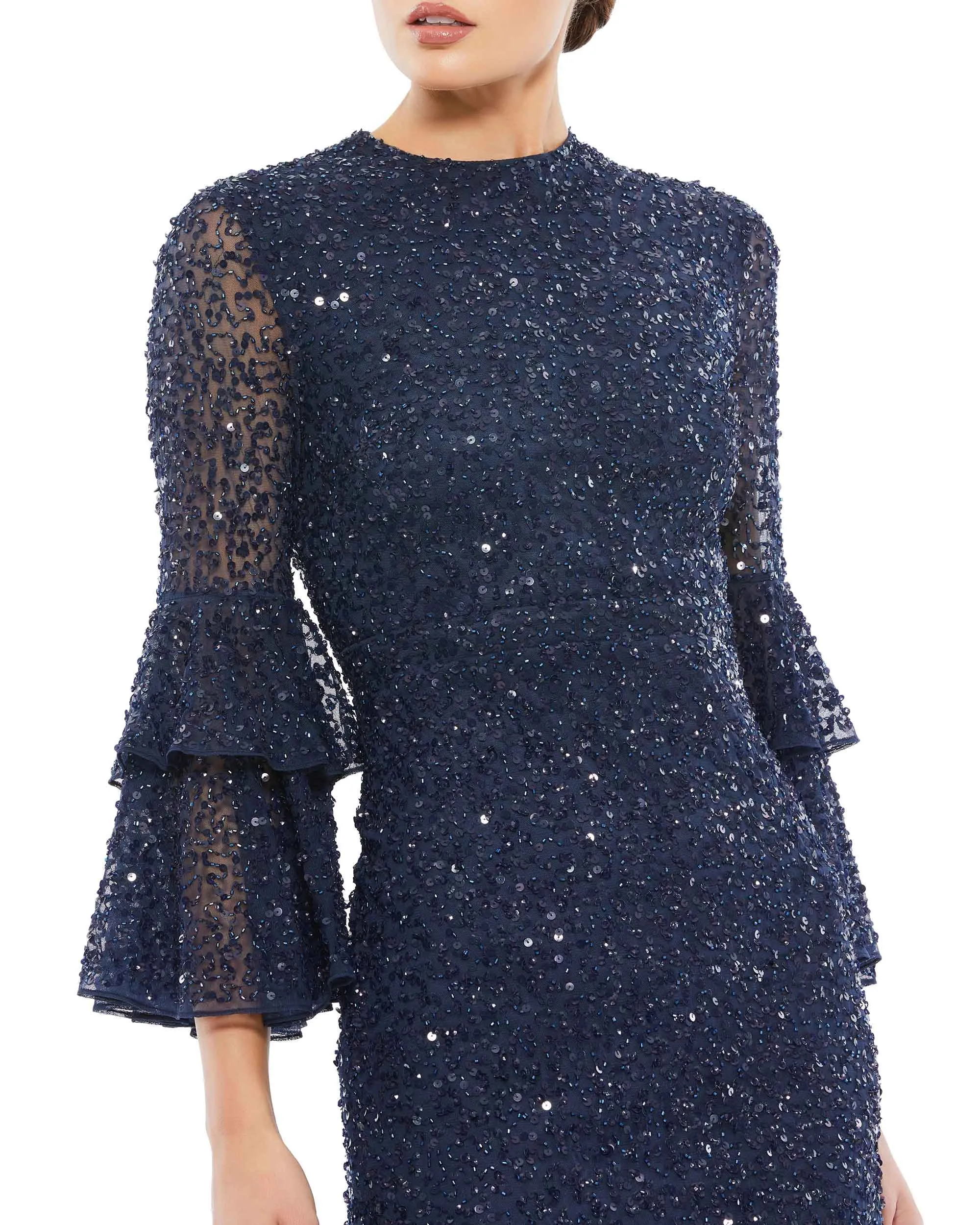Navy Fully Sequined Ruffle Tiered 3/4 Sleeve Midi Dress sold by Mac Duggal product image thumbnail 2