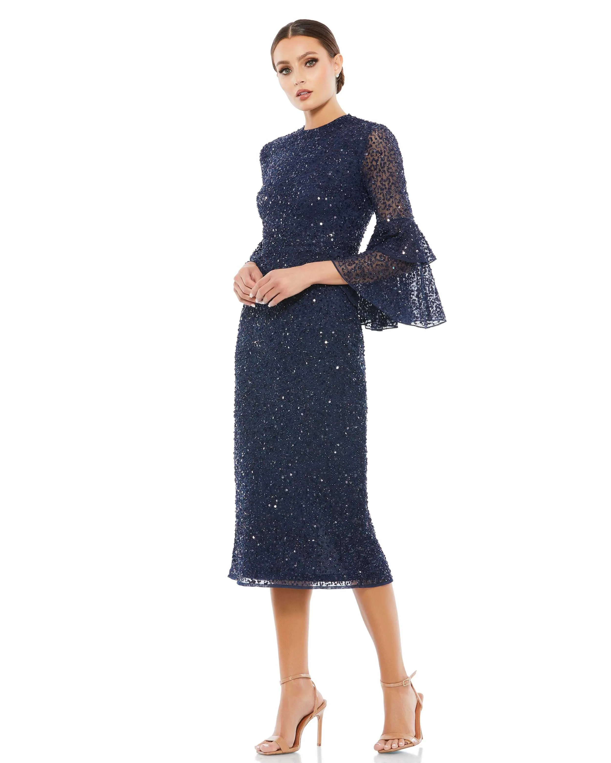 Navy Fully Sequined Ruffle Tiered 3/4 Sleeve Midi Dress sold by Mac Duggal