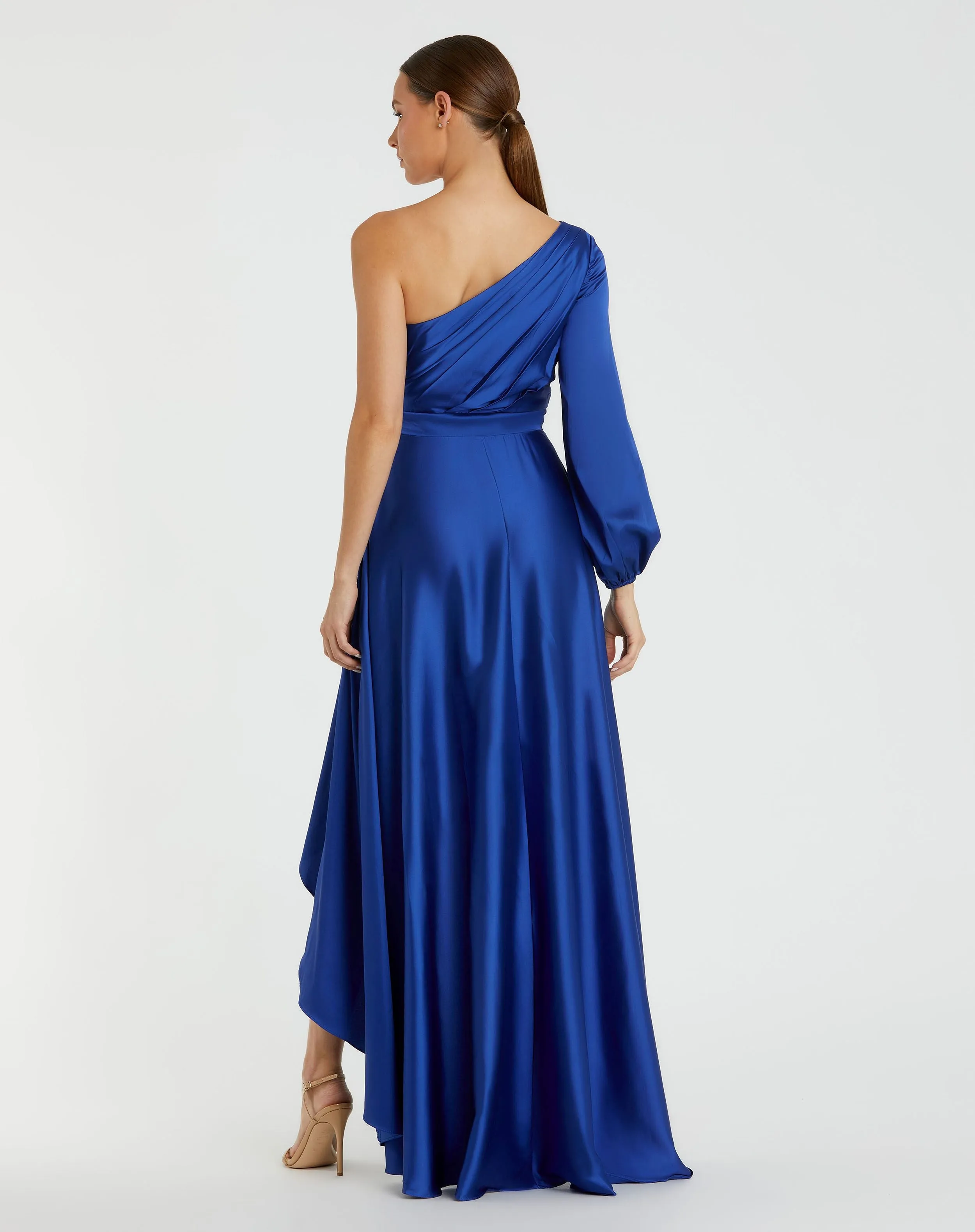 Dark Blue Long Sleeve One Shoulder Satin High Low A-line Gown sold by Mac Duggal product image thumbnail 3