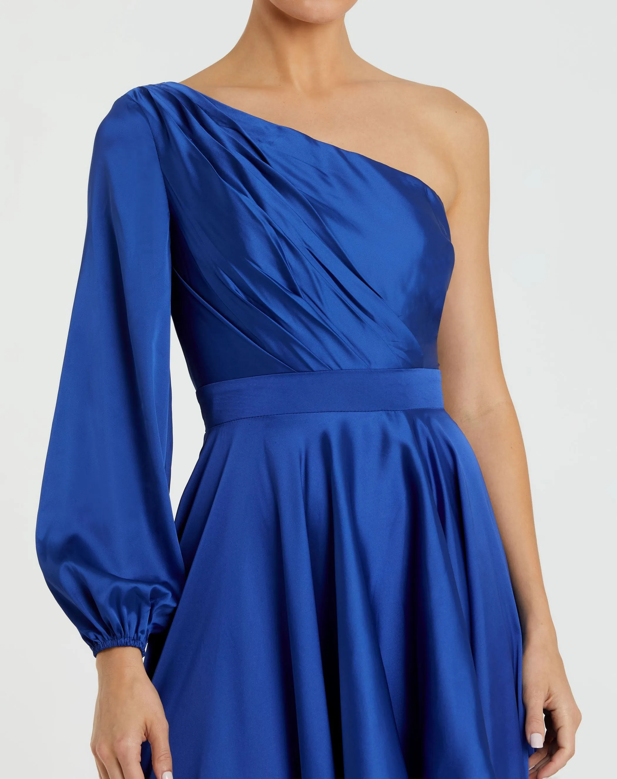 Dark Blue Long Sleeve One Shoulder Satin High Low A-line Gown sold by Mac Duggal product image thumbnail 2