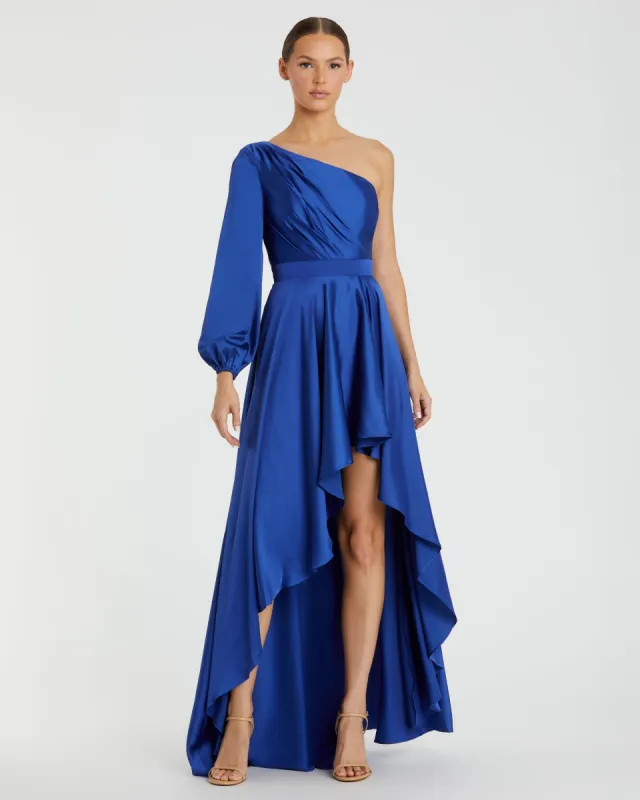 Dark Blue Long Sleeve One Shoulder Satin High Low A-line Gown sold by Mac Duggal