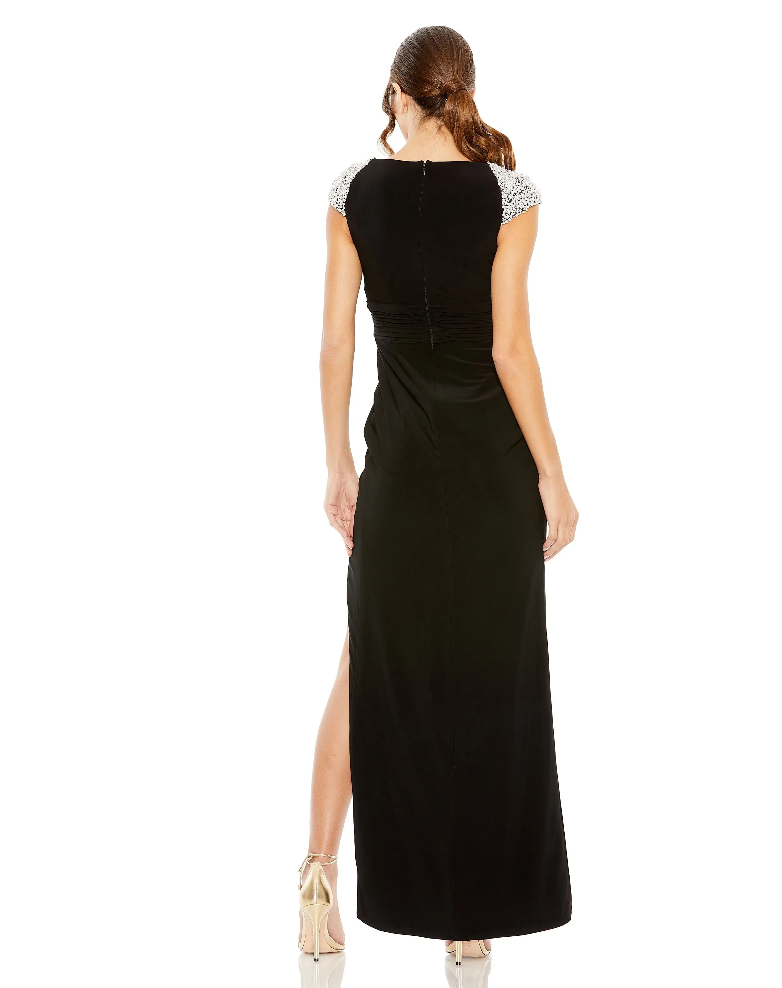 Black V Neck Embellished Cap Sleeve Faux Wrap Slit Gown sold by Mac Duggal product image thumbnail 3