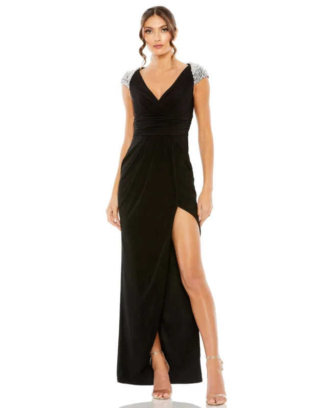 Black V Neck Embellished Cap Sleeve Faux Wrap Slit Gown sold by Mac Duggal