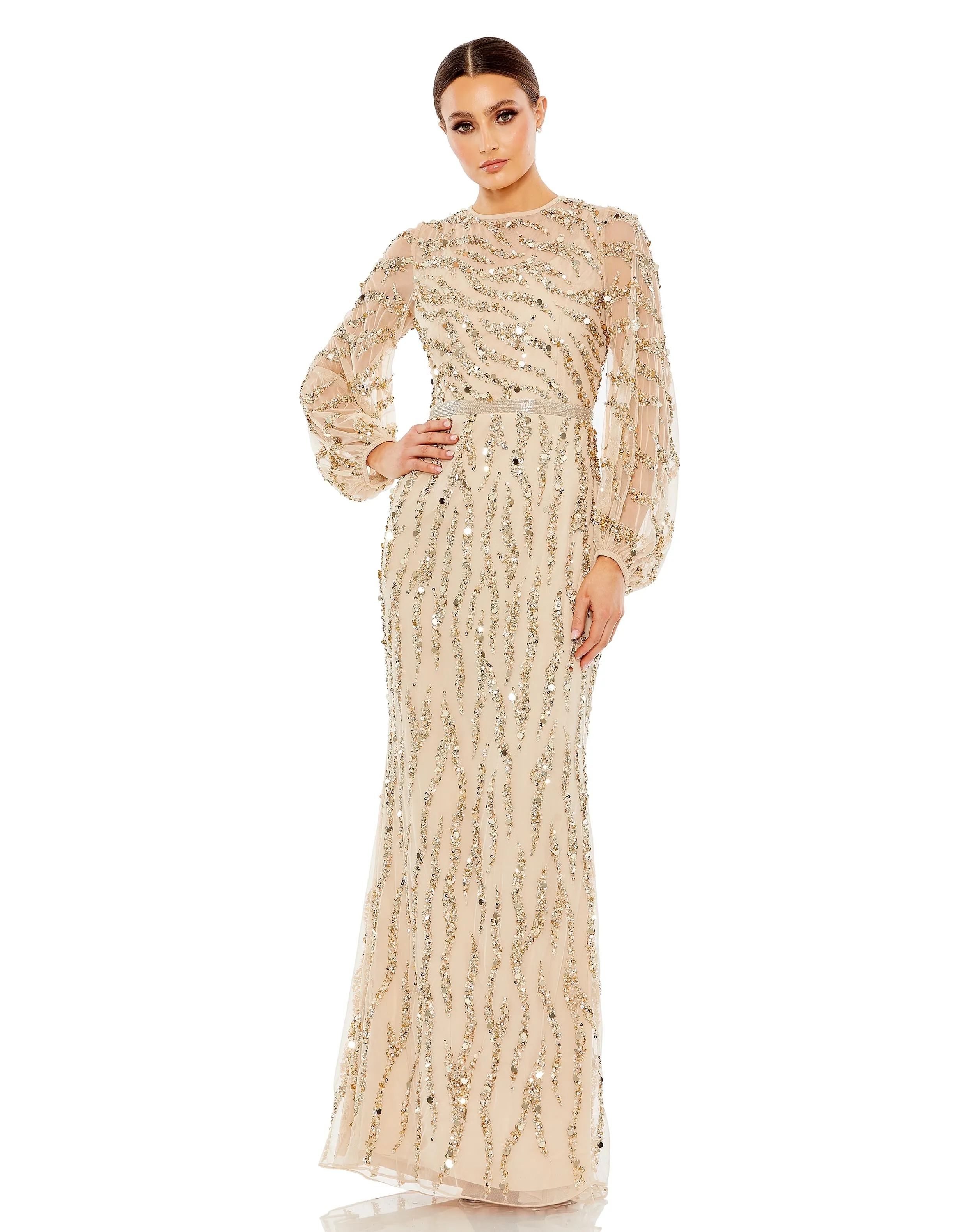 Gold Embellished High Neck Puff Sleeve Trumpet Gown sold by Mac Duggal