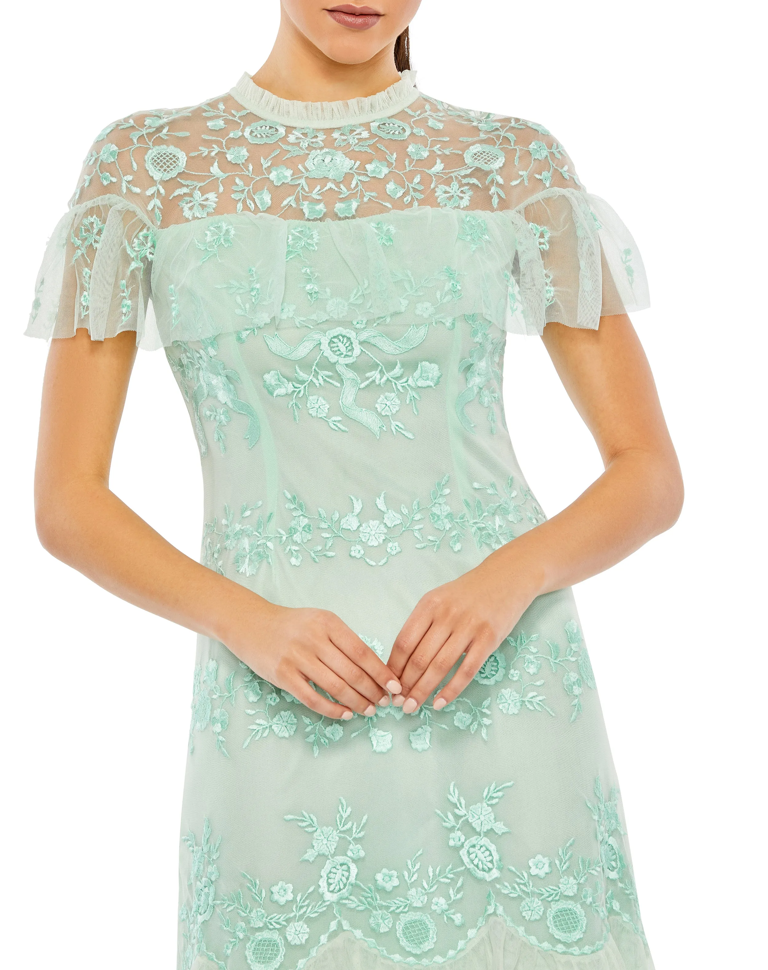 Green Embroidered Ruffled Cap Sleeve Midi Dress sold by Mac Duggal product image thumbnail 2