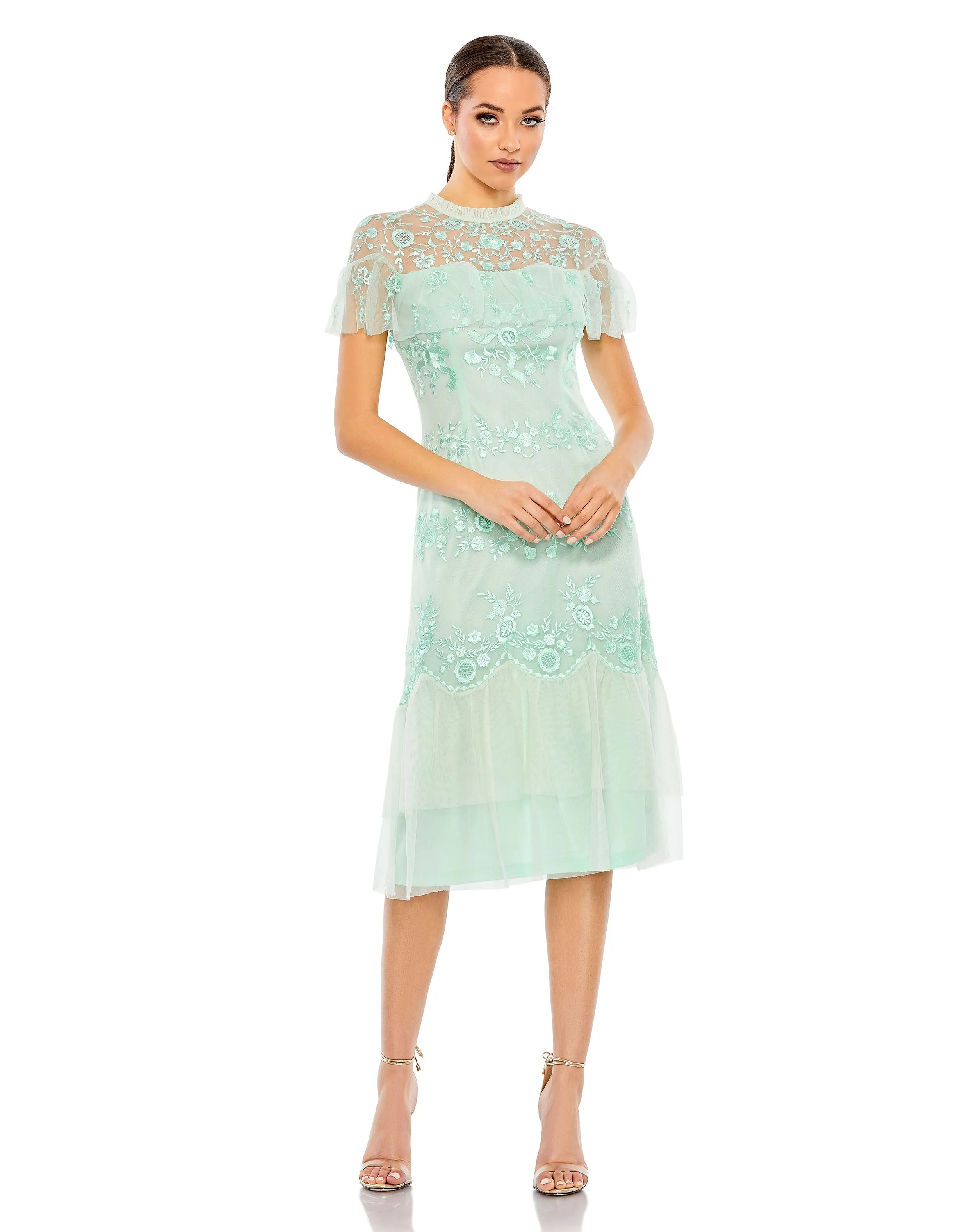 Green Embroidered Ruffled Cap Sleeve Midi Dress sold by Mac Duggal