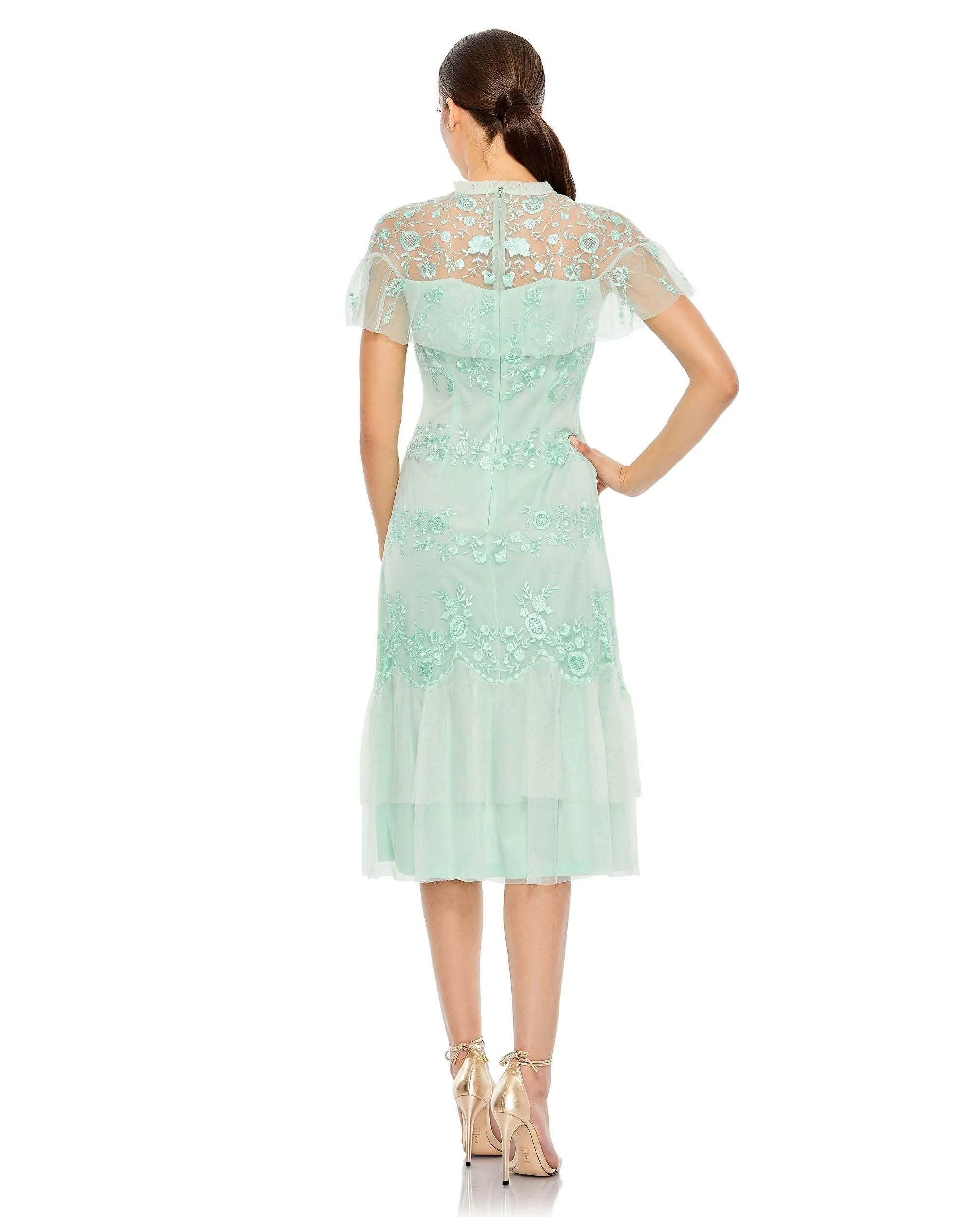 Green Embroidered Ruffled Cap Sleeve Midi Dress sold by Mac Duggal product image thumbnail 3