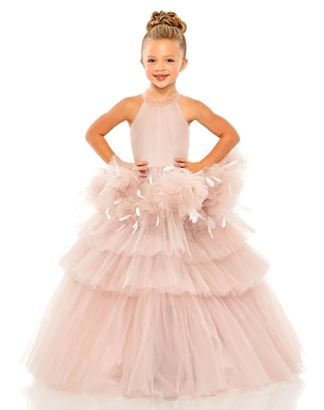 Girls High Neck Tulle Dress with Feather Detail sold by Mac Duggal