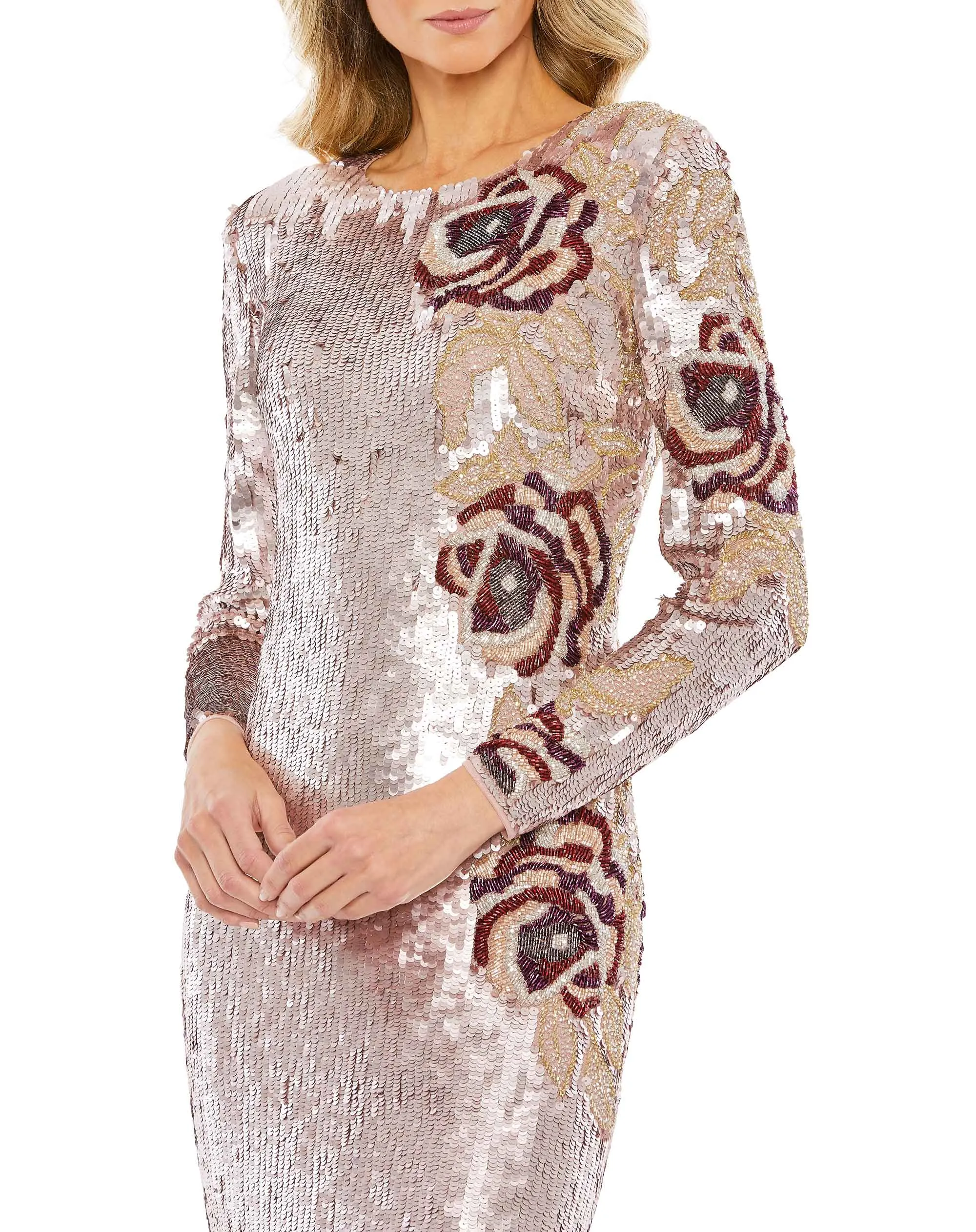Sequined Asymmetrical Floral Long Sleeve Midi Dress sold by Mac Duggal product image thumbnail 2