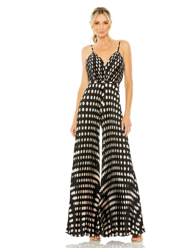 Black Pleated Charmeuse Polka Dot V-Neck Jumpsuit sold by Mac Duggal