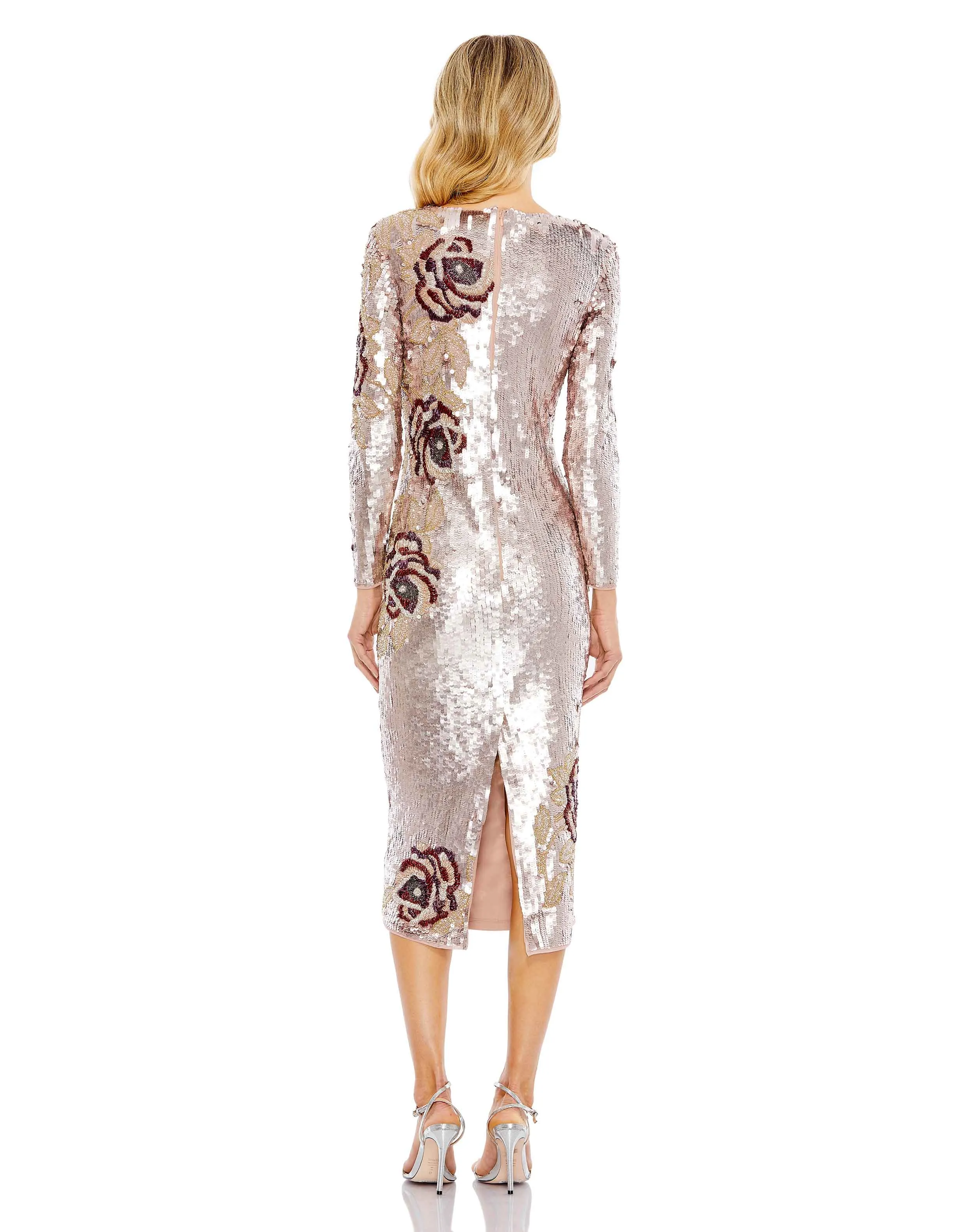 Sequined Asymmetrical Floral Long Sleeve Midi Dress sold by Mac Duggal product image thumbnail 3