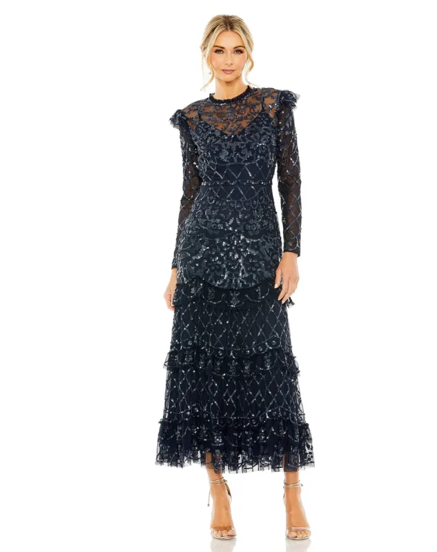 Navy High Neck Tiered Embellished Dress sold by Mac Duggal