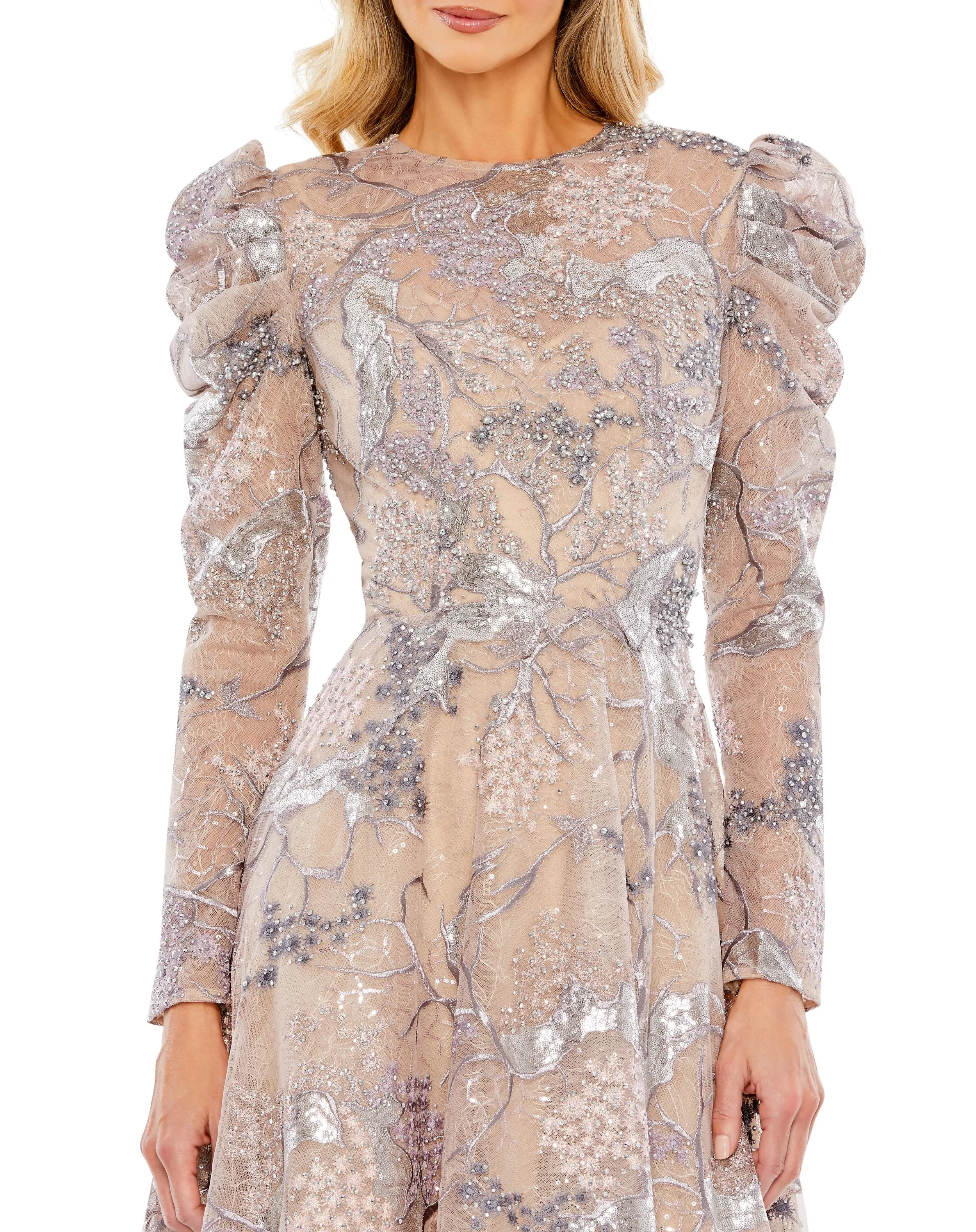 Beige Embellished High Neck Puff Sleeve A-Line Dress sold by Mac Duggal product image thumbnail 2