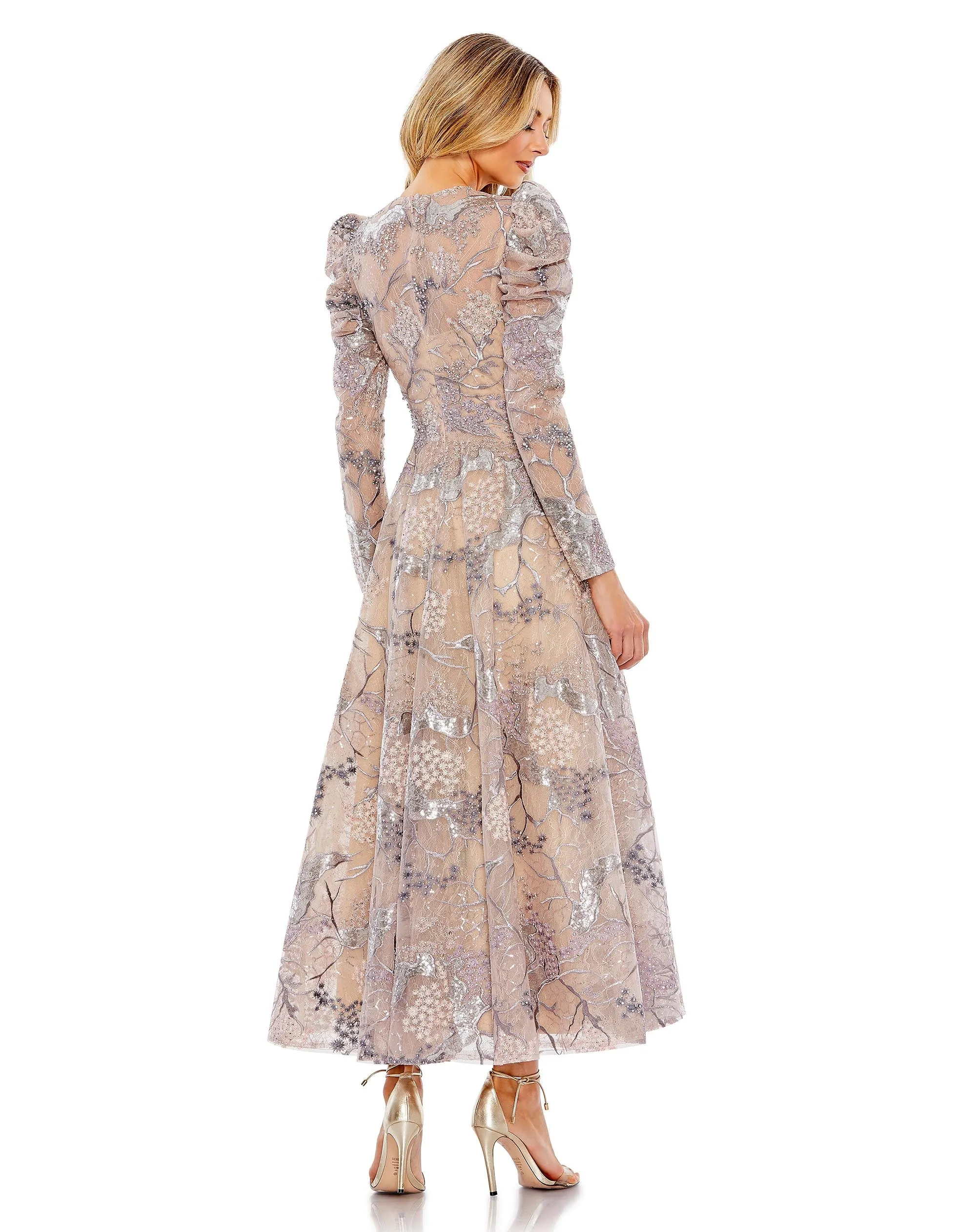 Beige Embellished High Neck Puff Sleeve A-Line Dress sold by Mac Duggal product image thumbnail 3