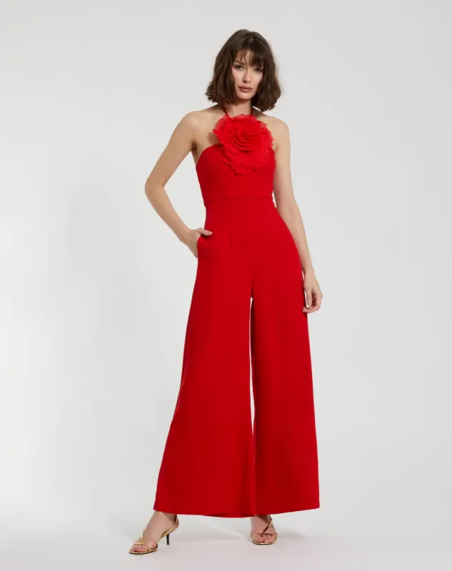 Red Halter Neck Crepe Jumpsuit With Flower sold by Mac Duggal