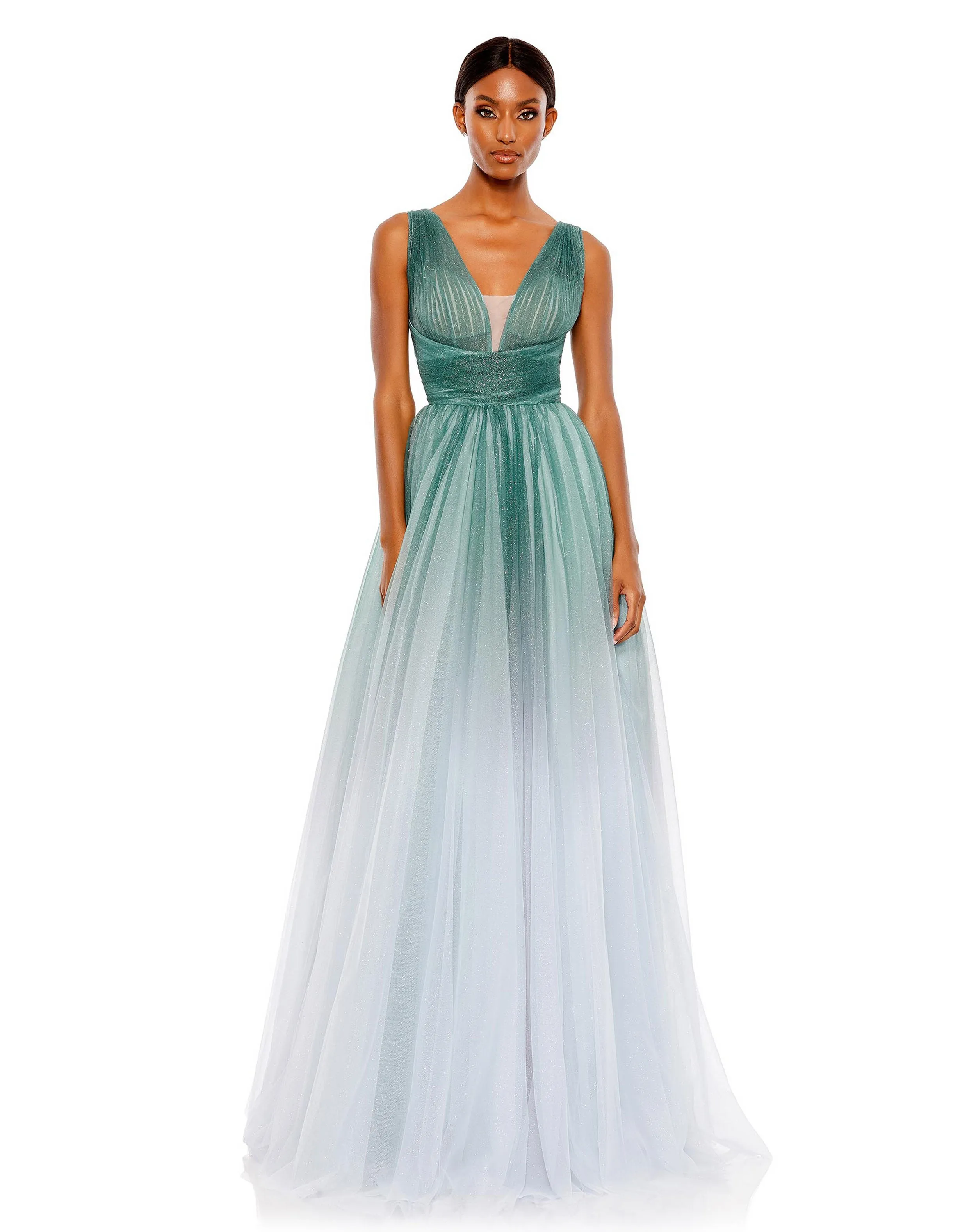 Green Glitter Ombre V Neck Sleeveless Gown sold by Mac Duggal