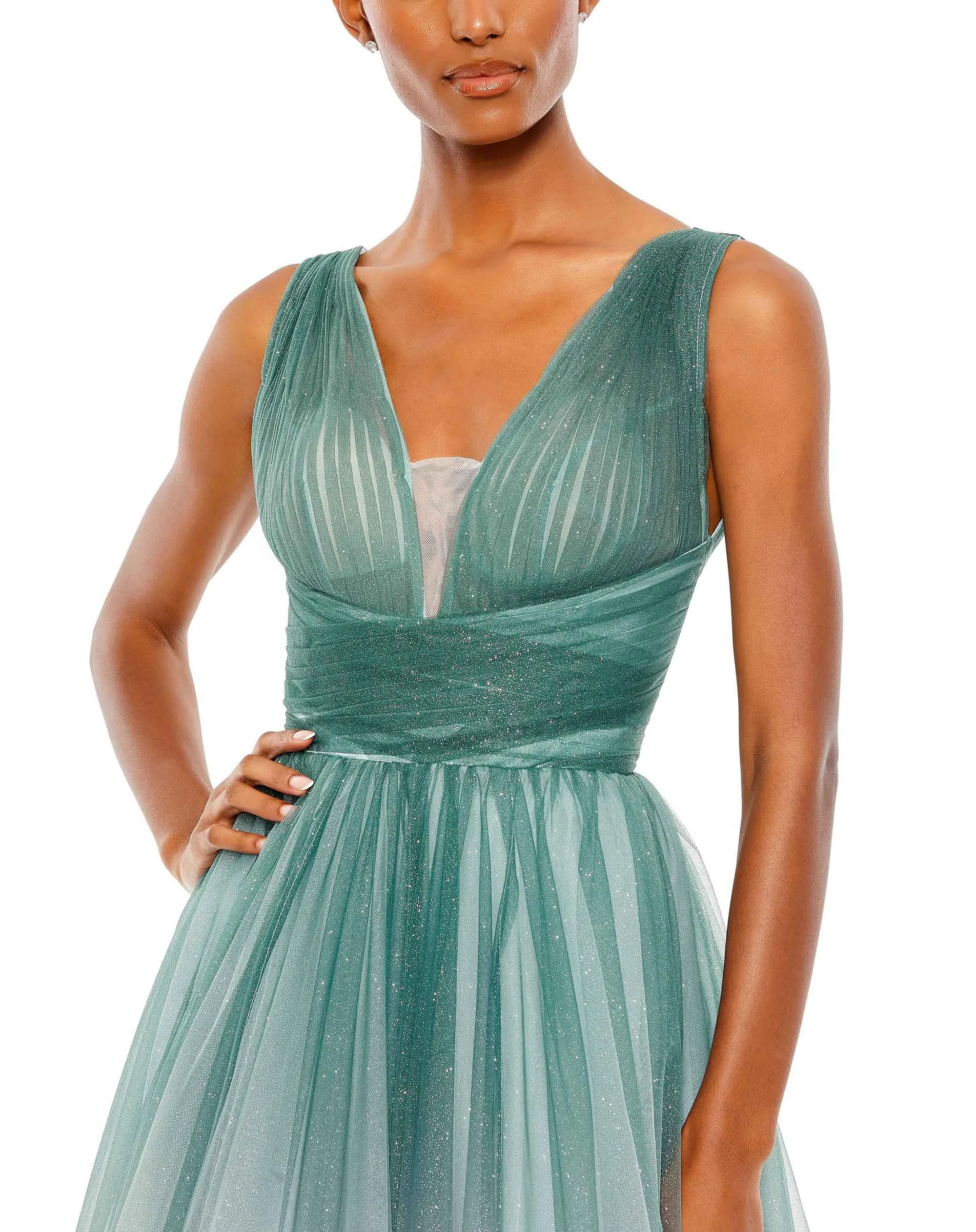 Green Glitter Ombre V Neck Sleeveless Gown sold by Mac Duggal product image thumbnail 2