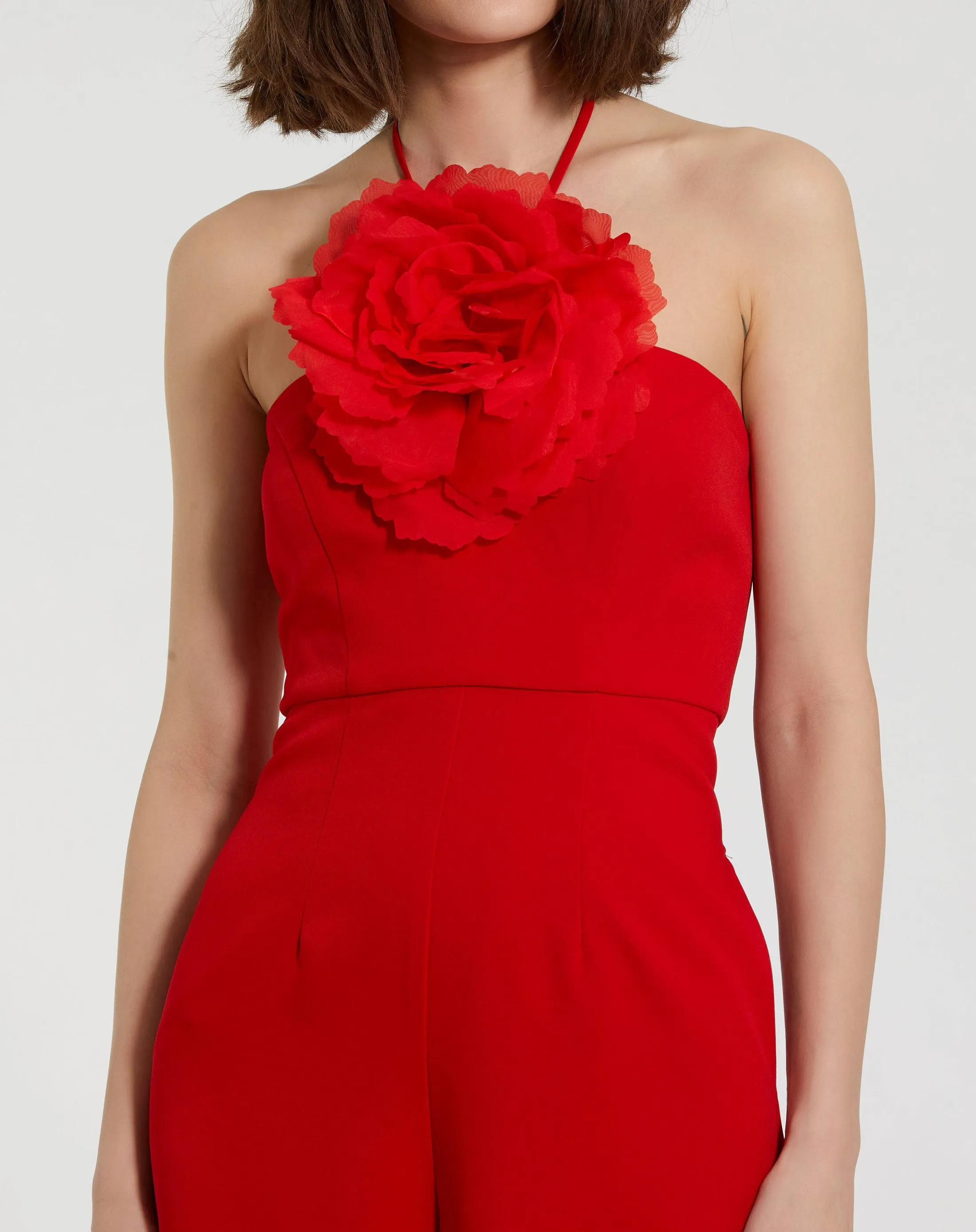 Red Halter Neck Crepe Jumpsuit With Flower sold by Mac Duggal product image thumbnail 3