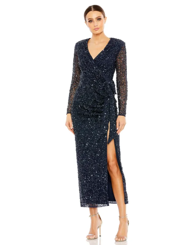 Navy Long Sleeve V-Neck Sequin Dress - FINAL SALE sold by Mac Duggal