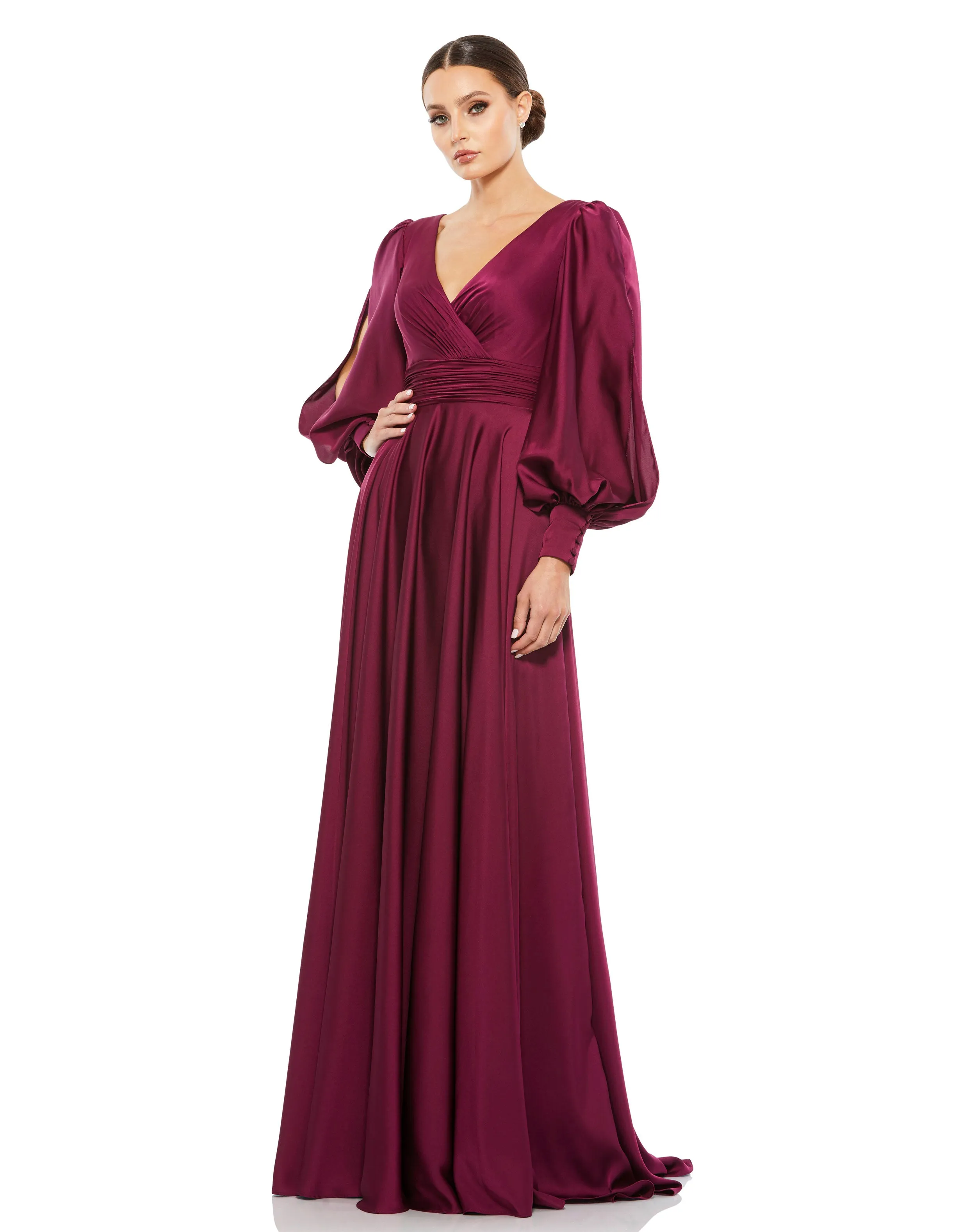 Split Bishop Sleeve Wrap Over Flowy Gown sold by Mac Duggal