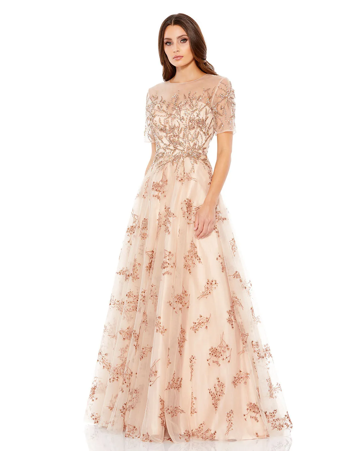 Pink Embellished Illusion Short Sleeve A Line Gown sold by Mac Duggal