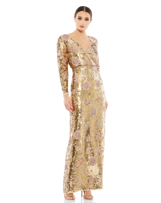 Gold Embellished Wrap Over Long Sleeve Column Gown sold by Mac Duggal