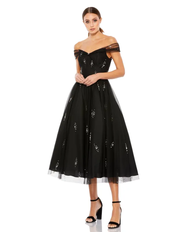 Black Tulle Off The Shoulder Pearl Embellished Cocktail Dress sold by Mac Duggal