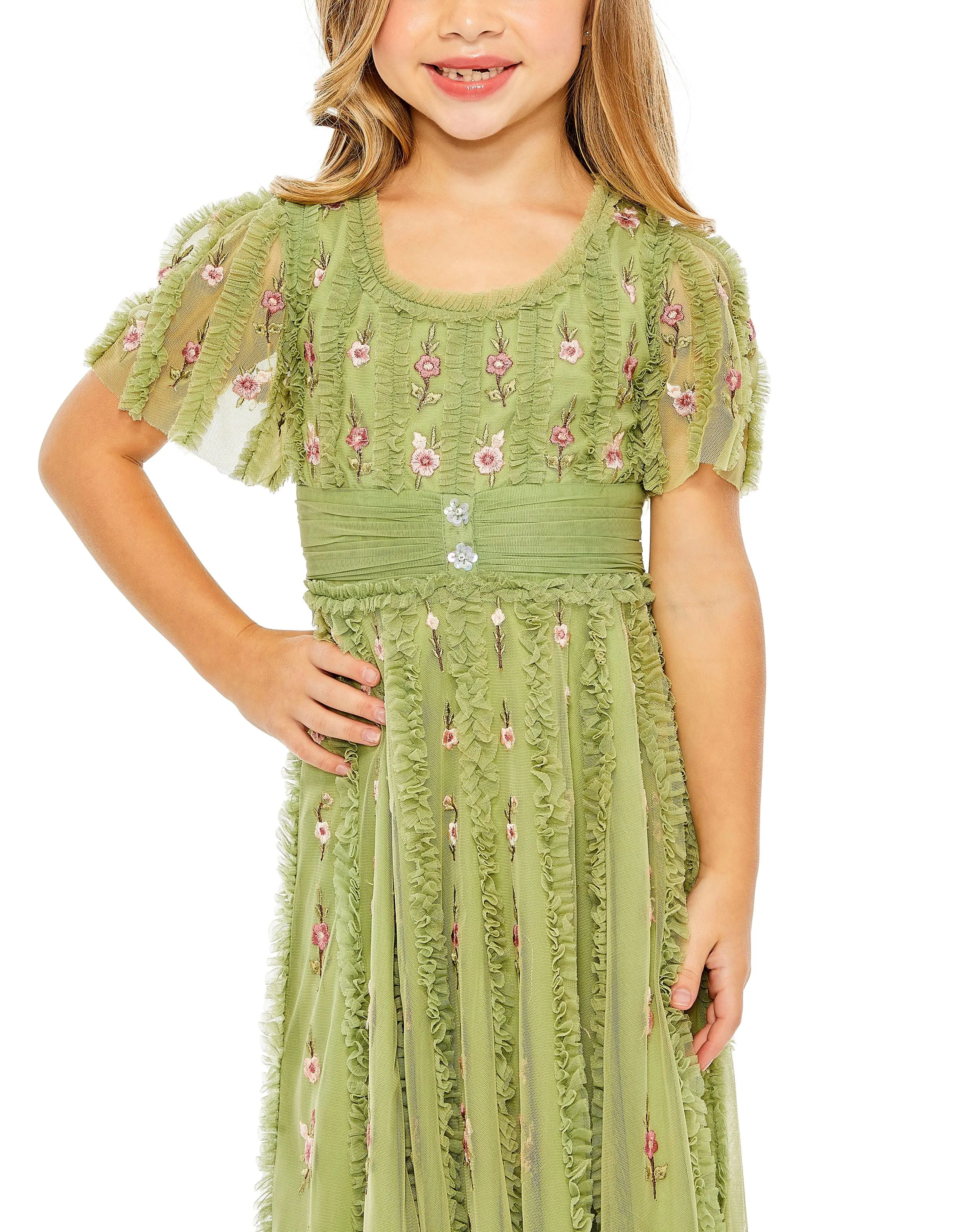 Green Girls Ruffle Flutter Sleeve Floral Mini Dress sold by Mac Duggal product image thumbnail 3
