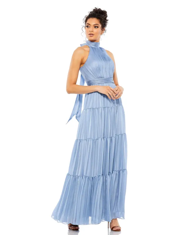 Blue Tie Neck Tiered Halter Gown sold by Mac Duggal