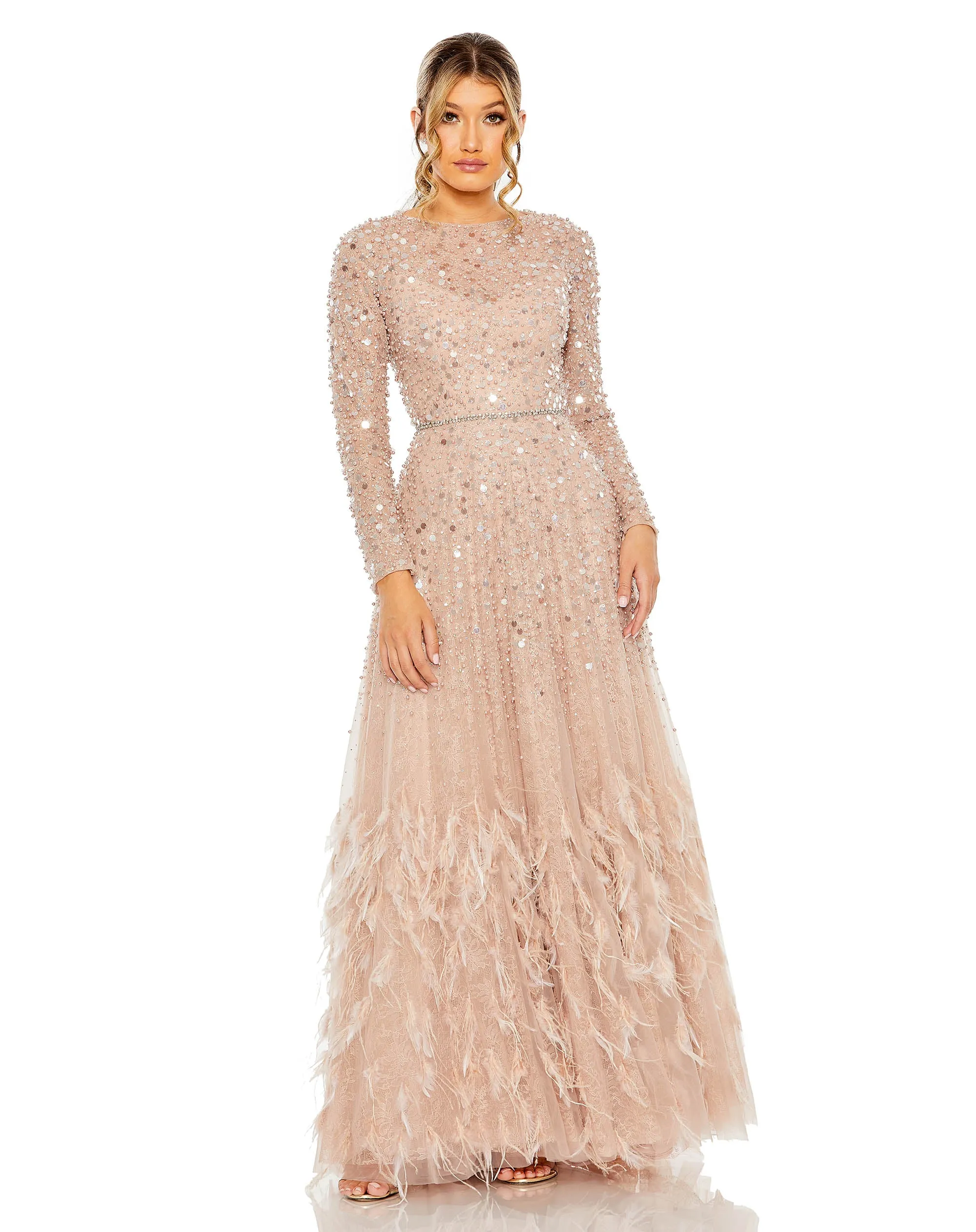 Pink Disc Embellished Sequin Gown with Feather Detail sold by Mac Duggal product image thumbnail 5