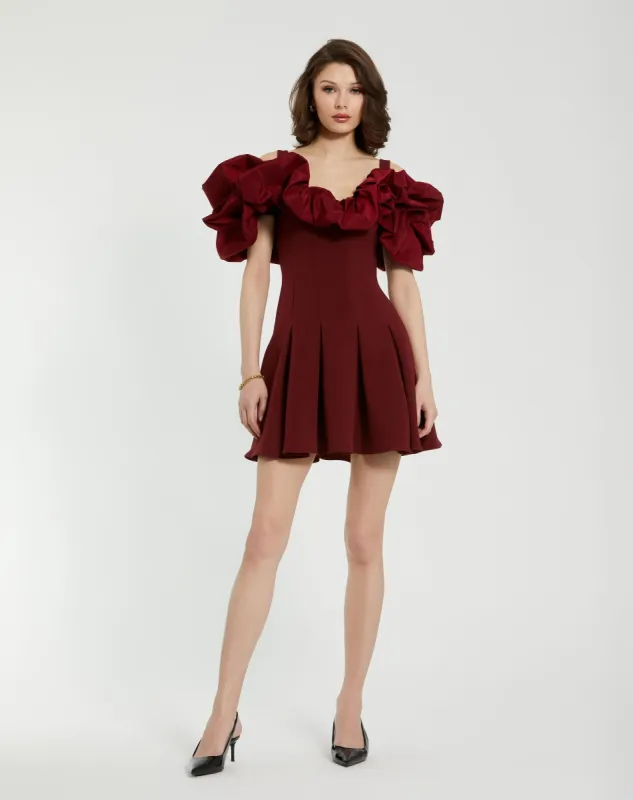 Red Crepe Godet Hem Mini Dress With Faille Ruffle made by Mac Duggal