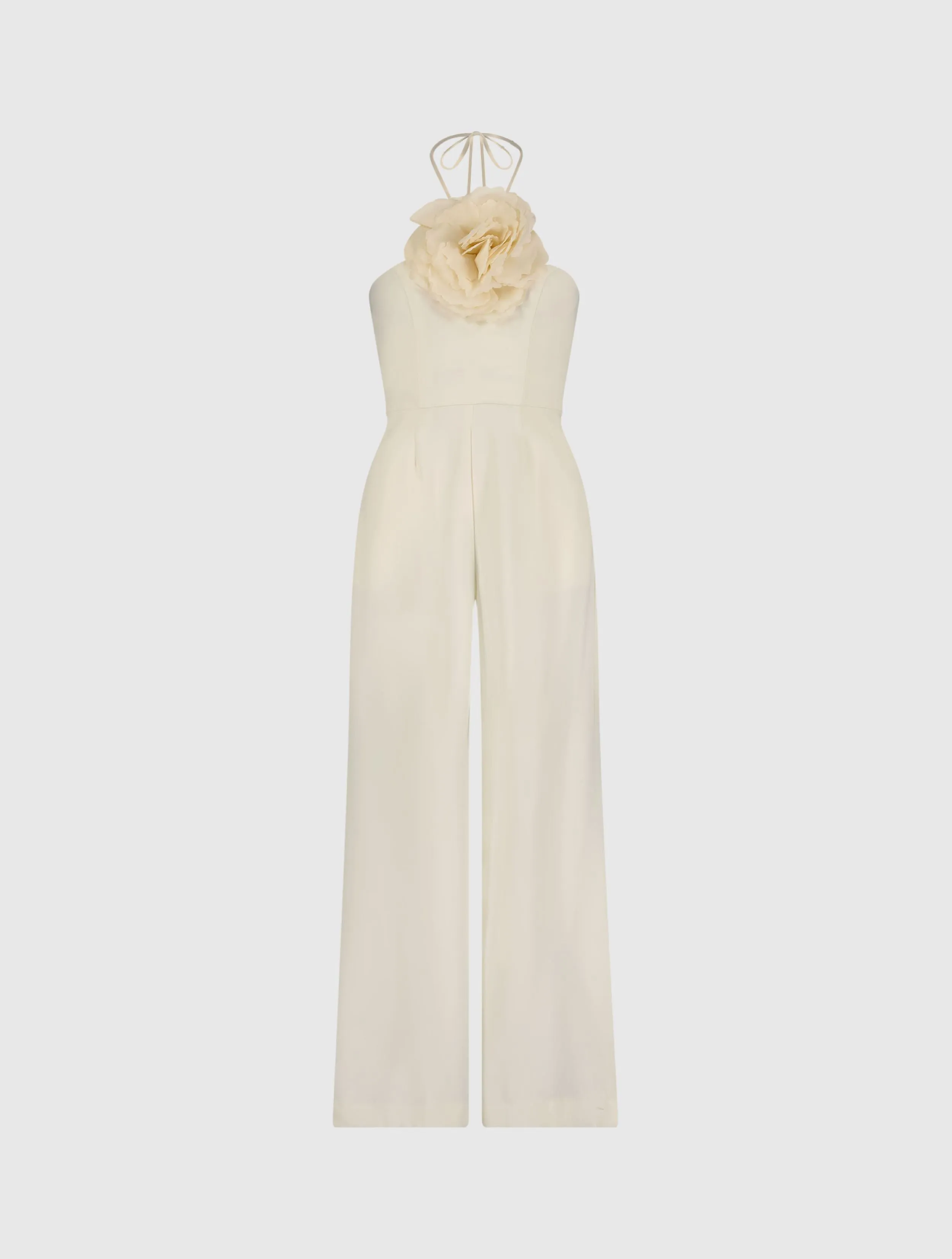 Ivory Halter Neck Crepe Jumpsuit With 3D Flower sold by Mac Duggal product image thumbnail 2