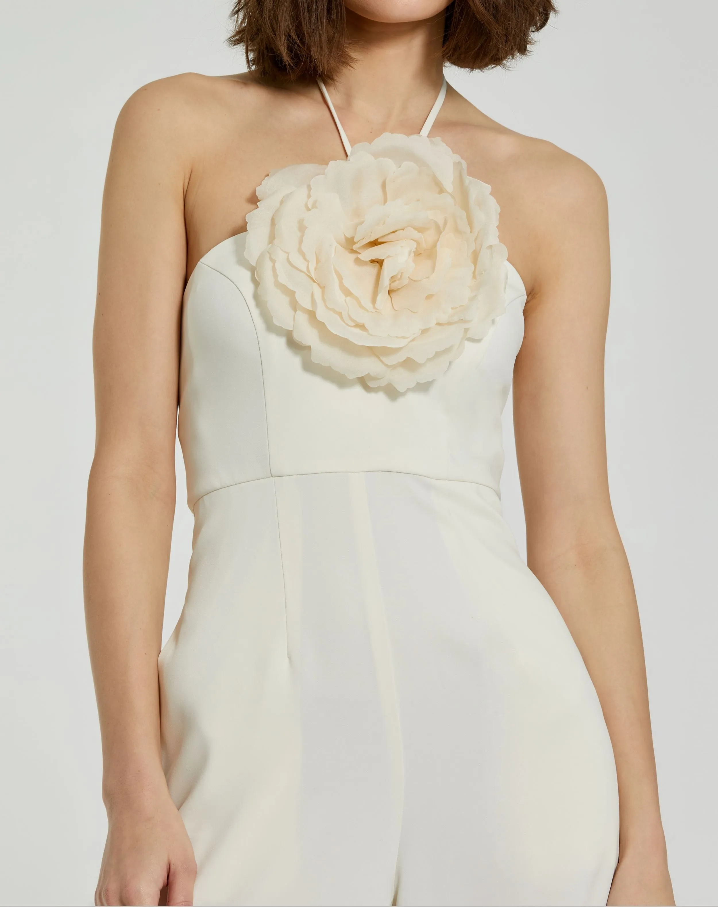 Ivory Halter Neck Crepe Jumpsuit With 3D Flower sold by Mac Duggal product image thumbnail 3