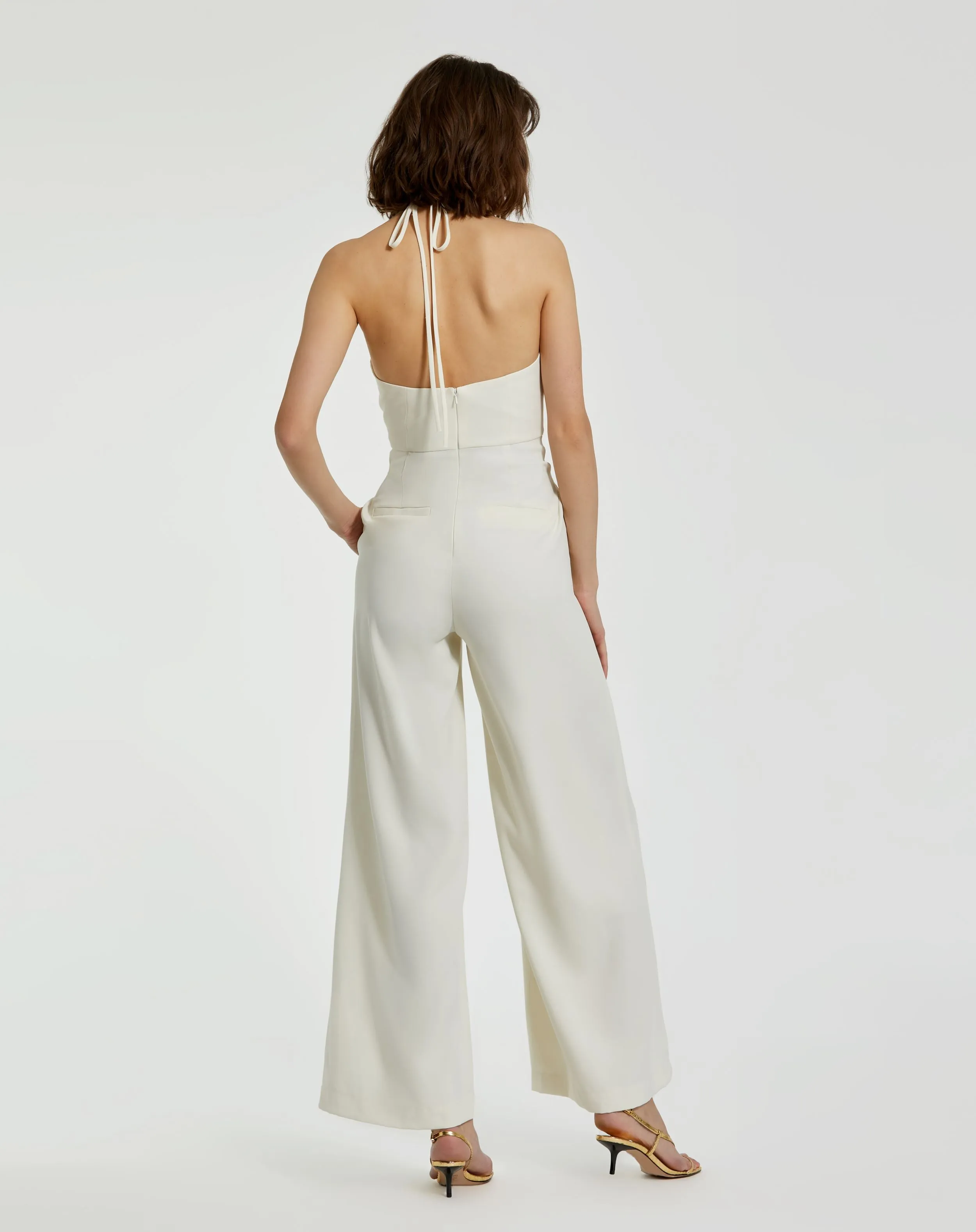 Ivory Halter Neck Crepe Jumpsuit With 3D Flower sold by Mac Duggal product image thumbnail 4