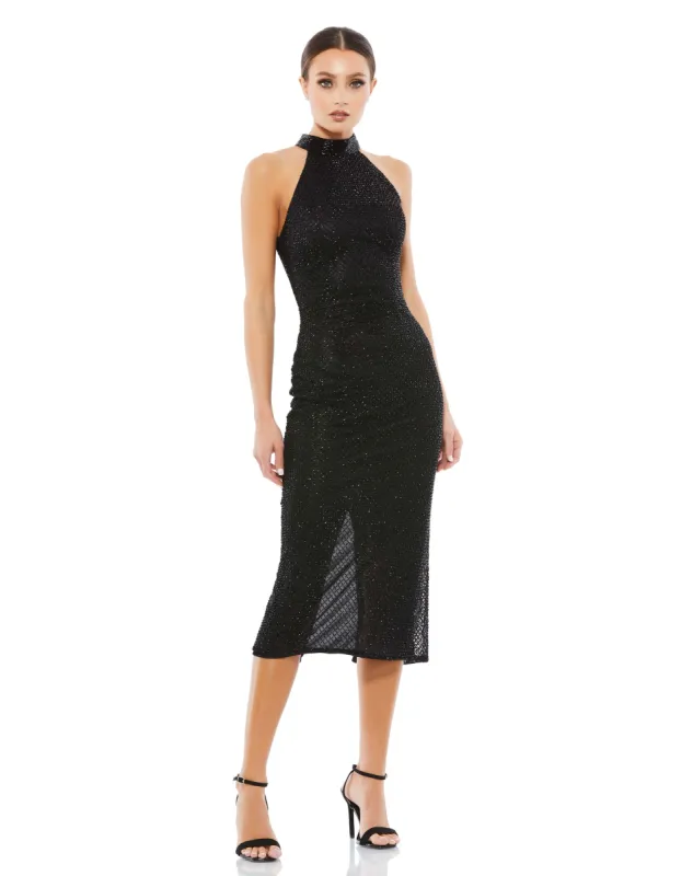 Black Beaded Halter Neck Midi Dress sold by Mac Duggal