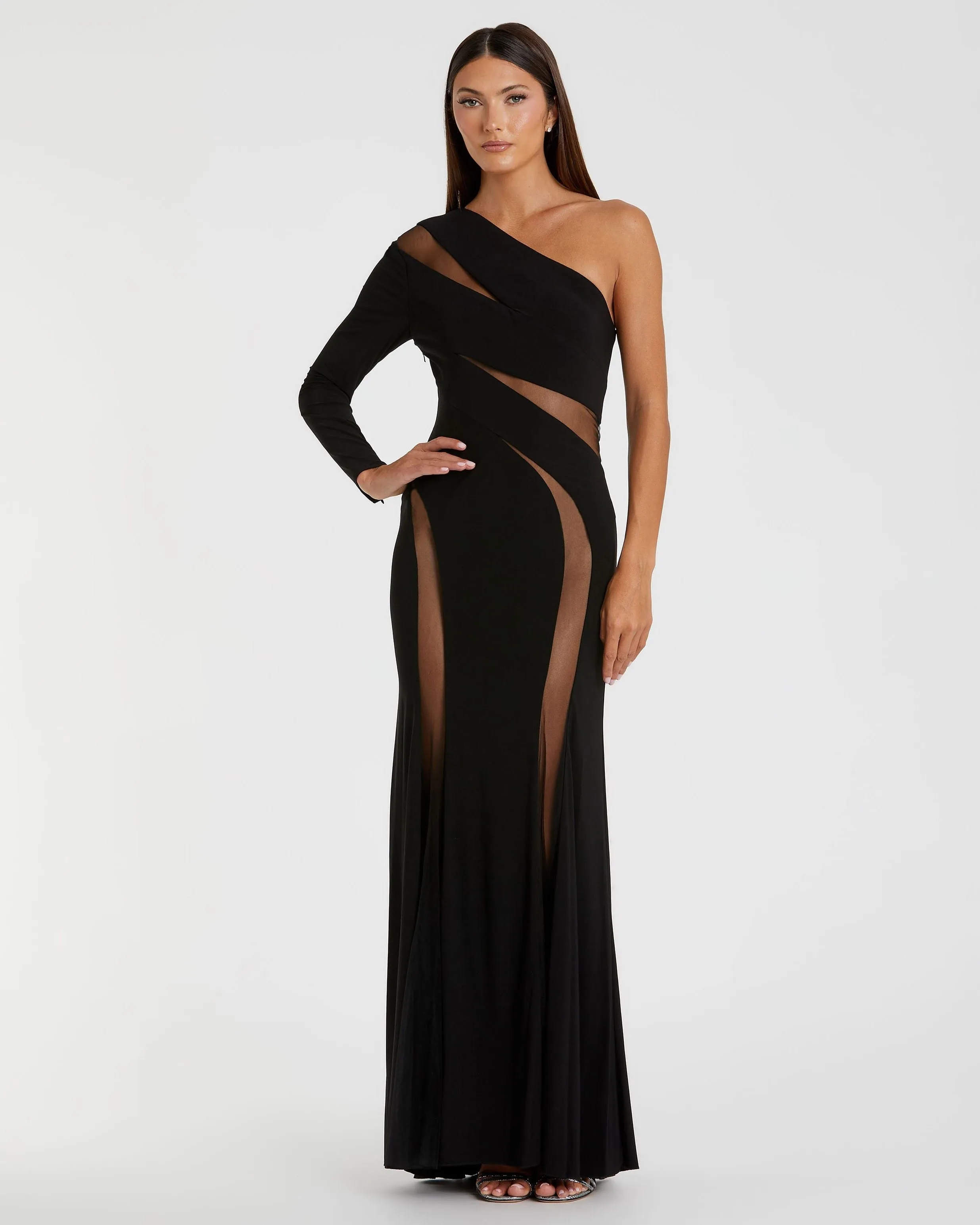Black Jersey One Shoulder Illusion Cut Out Gown sold by Mac Duggal