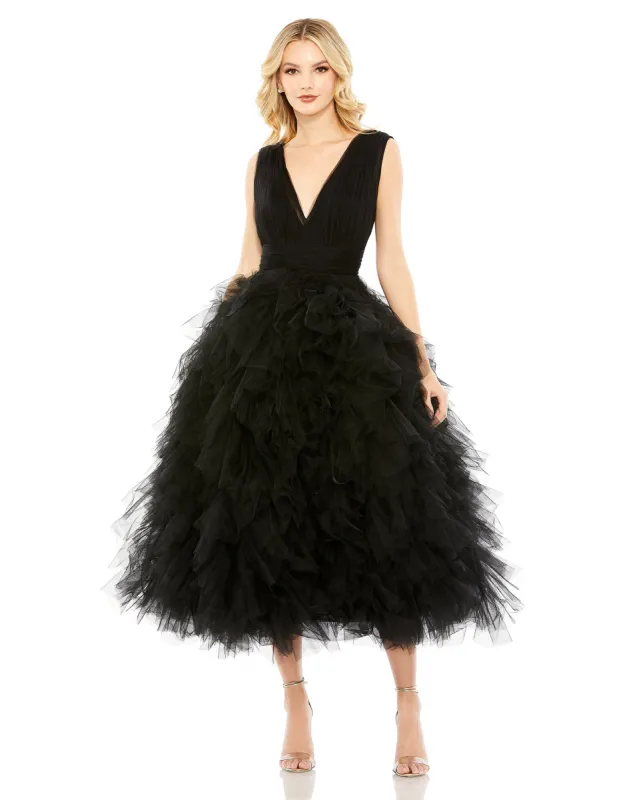 Black Tiered Sleeveless V-Neck Tulle Midi Ballgown sold by Mac Duggal