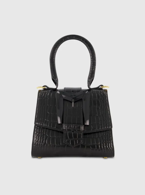 Black Buckled Mini Croco Leather Handbag with Detachable Strap sold by Mac Duggal