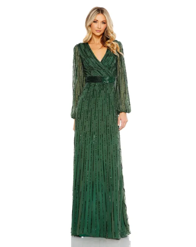 Green Wrap Over Puff Sleeve Embellished Gown sold by Mac Duggal