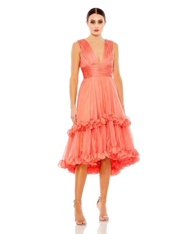 Orange V-Neck Sleeveless Tiered Ruffle Midi Dress sold by Mac Duggal
