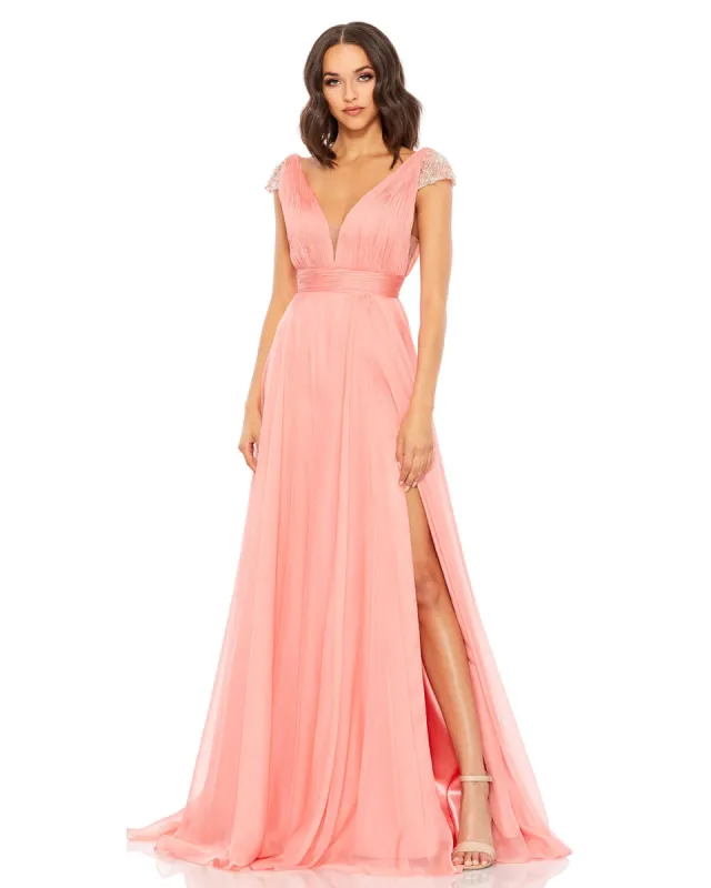 Chiffon Beaded Cap Sleeve A Line Gown sold by Mac Duggal
