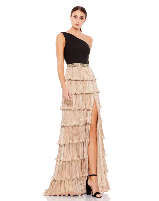Black and Gold One Shoulder Ruffle Tiered Evening Dress sold by Mac Duggal