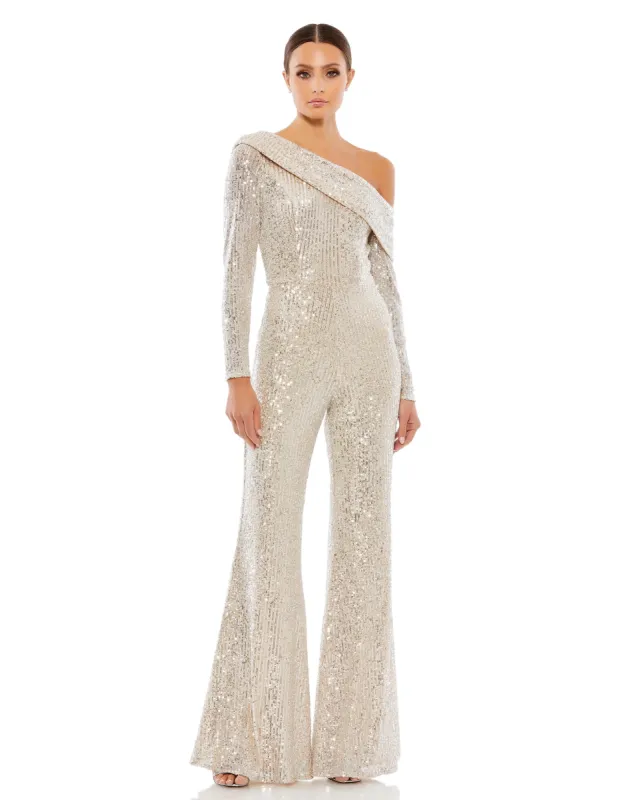 Silver Sequined Drop Shoulder Long Sleeve Jumpsuit sold by Mac Duggal