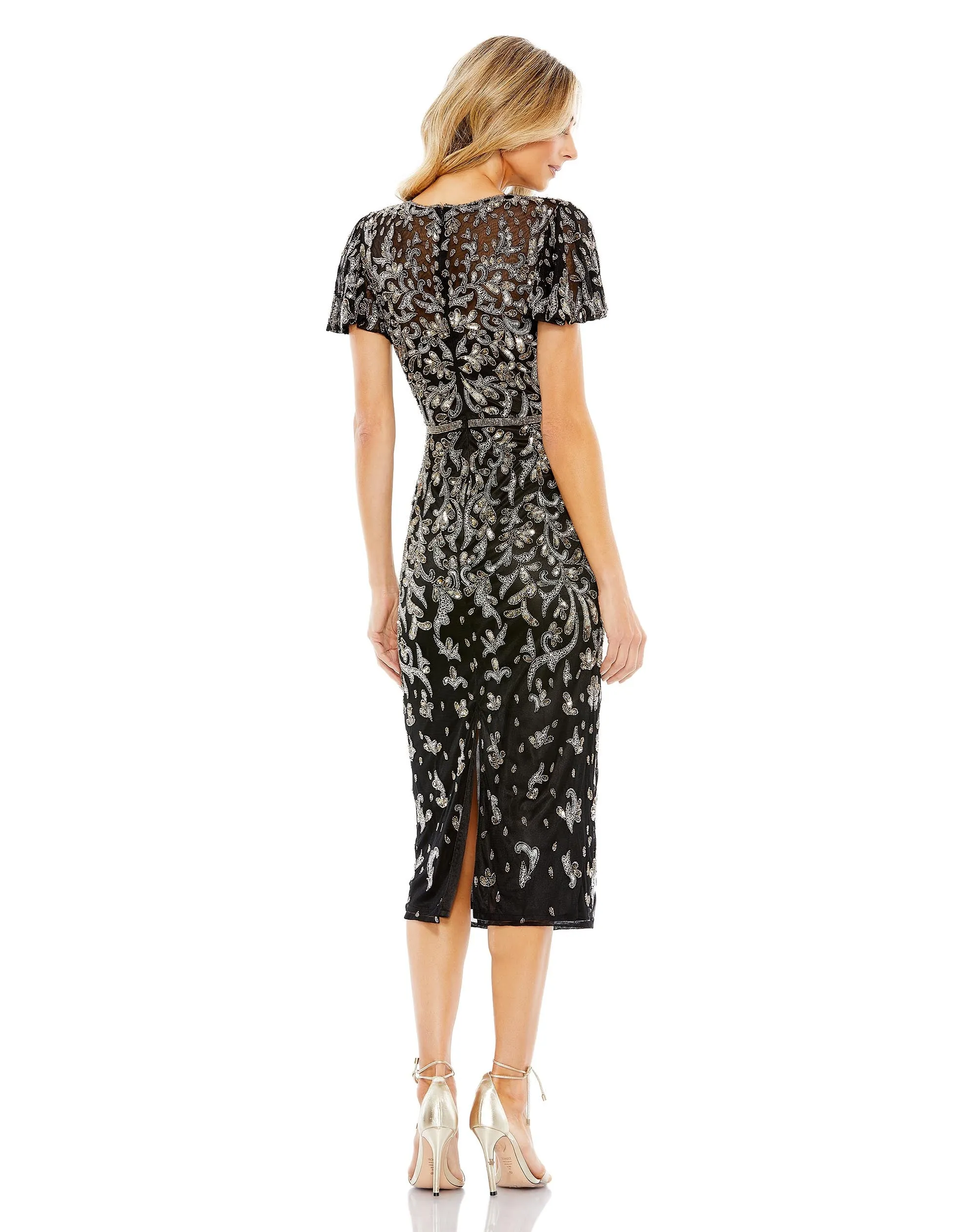 Black Embellished High Neck Flutter Sleeve Dress sold by Mac Duggal product image thumbnail 3